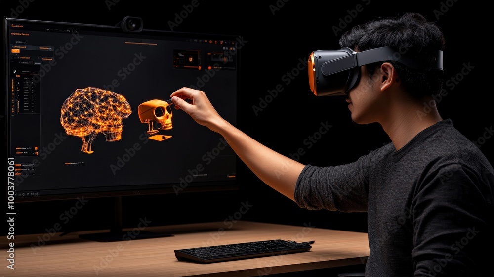 Poster exploring the depths of virtual reality: immerse yourself in the world of innovation as a man wearin