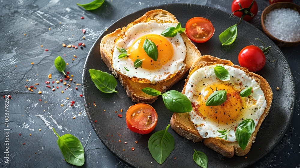 Poster two toast breads with vegetables egg and basil on a plate on a black concrete table