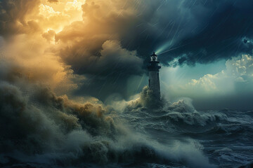 Generative ai on theme of large retro lighthouse with beam of bright light shining out to blue sea