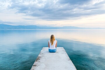  A woman sits on the pier's end, gazing at distant mountain ranges over the water