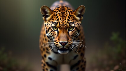 a leopard is standing in front of a camera with a green eye.