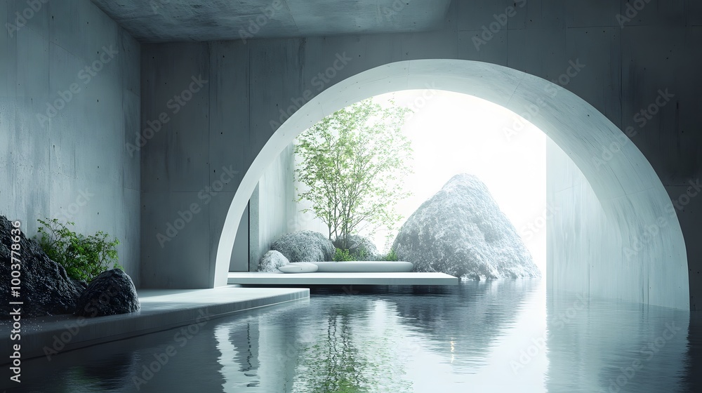 Poster abstract empty concrete interior, 3d render of pitched tunnel.