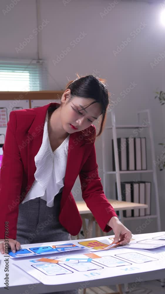 Poster female web designer arranging a mobile application wireframe on her desk, focusing on layout and use