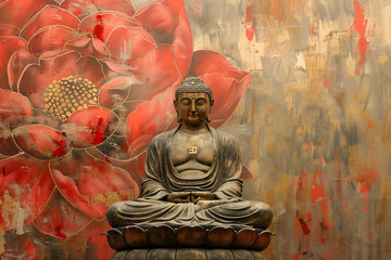 Obraz premium Beautiful greeting card with ancient statue great Buddha to bright holiday composition