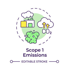 Scope 1 emissions multi color concept icon. Greenhouse gas, industry. Manufacturing pollution. Round shape line illustration. Abstract idea. Graphic design. Easy to use infographic, presentation