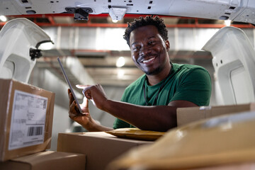 Shipping worker preparing for delivery. Packages sorting center.