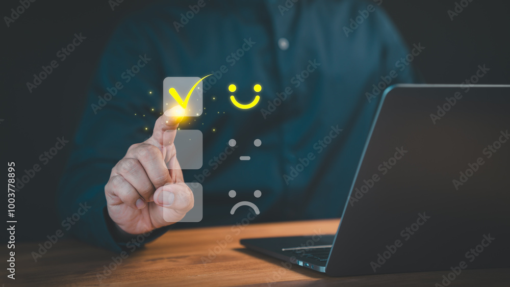 Aufkleber Person select a happy face icon on a feedback scale with neutral and sad face options below. Concept symbolizs customer satisfaction, online reviews, decision-making in user experience evaluation.