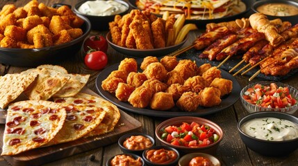 Buffalo wings onion rings quesadillas mozzarella sticks breadsticks and chicken nugget appetizer spread