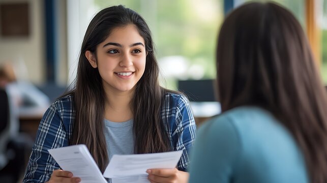 Young woman having an interview or conversation with another person