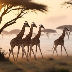 This mesmerizing image captures the enchanting sight of giraffes walking through a misty savannah at dawn. The tall, graceful forms of the giraffes emerge from the soft fog.