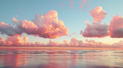 Clear sky with lots of glowing colorful pink cumulus clouds above the Baltic sea shore after thunderstorm at sunset Dramatic cloudscape Warm golden sunlight Picturesque scenery Fickle weather