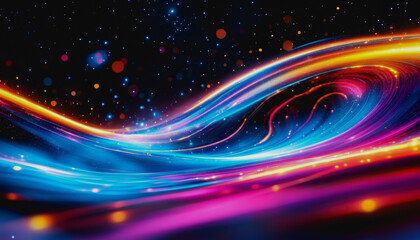 Obraz premium Futuristic neon waves and glowing particles in a surreal, cosmic dreamscape of digital energy