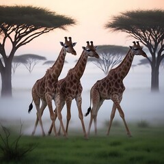 This mesmerizing image captures the enchanting sight of giraffes walking through a misty savannah at dawn. The tall, graceful forms of the giraffes emerge from the soft fog.