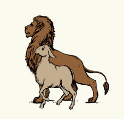 Vector drawing. Lion and lamb walks together