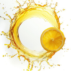 circular orange juice splash swirl, lemon floating isolated white background