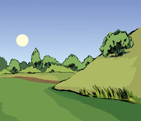 Obraz premium Vector drawing. Summer river scene