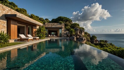 A stunning oceanfront villa on a rocky cliff features an inviting infinity pool, surrounded by greenery and offering sweeping views.