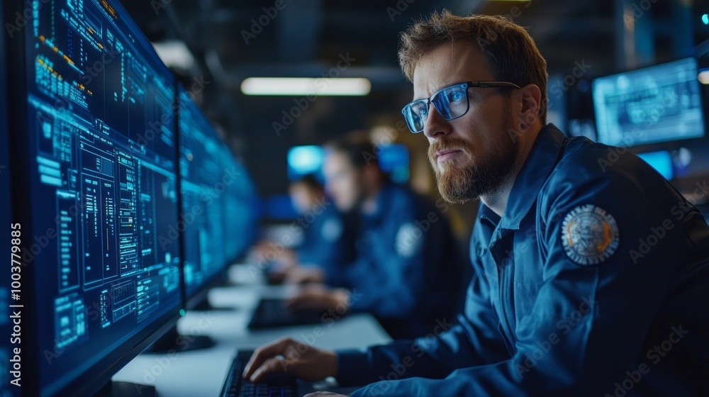 Poster A man in a blue uniform is looking at a computer screen with a lot of numbers