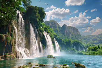 Fototapeta premium Generative ai on theme of beautiful majestic waterfall in natural nature, national park attraction