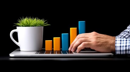 Business Growth visualized: Hands typing on laptop with upward trending bar graph.  