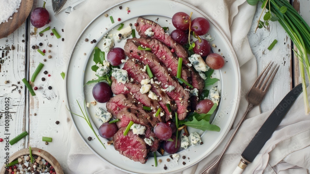 Poster roast beef steak served with salad of red grape crumbled blue mold cheese and chives on plate on whi