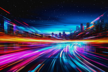 Fototapeta premium Vibrant futuristic twilight scene with satellite, light beams, and a starry sky