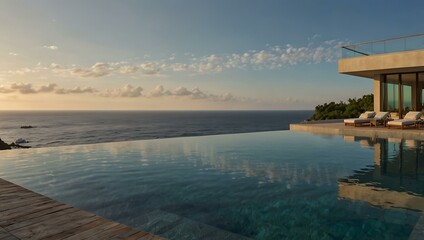 A stylish infinity pool overlooks the ocean, featuring a spacious balcony for relaxation and leisure.