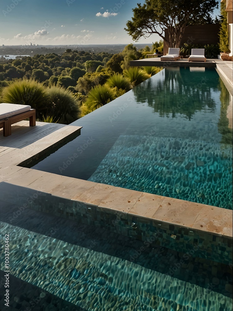 Poster a stylish infinity pool with panoramic views features sleek architecture, offering the ultimate rela