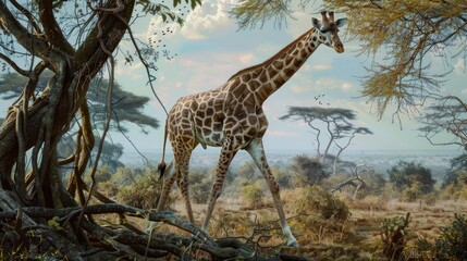 Fototapeta premium A giraffe strides gracefully across a verdant landscape framed by old gnarled trees exhibiting its tall stature and distinctive spotted coat