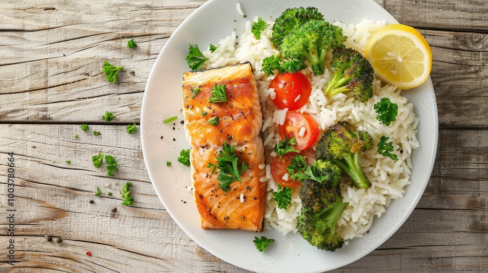 Leinwandbilder crispy fried salmon filet with broccoli tomato vegetable and rice parsley and lemon zest garnish ser