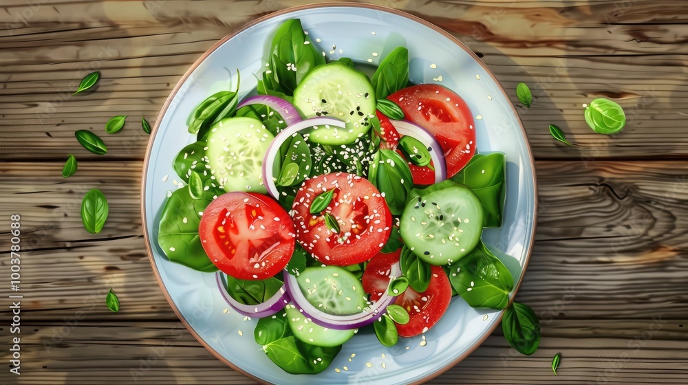 Aufkleber healthy vegetable salad of fresh tomato cucumber onion spinach lettuce and sesame on plate diet menu