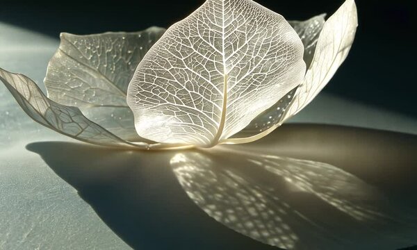 Delicate, translucent, white leaf with intricate veins illuminated by a soft light, casting a shadow on a white surface.