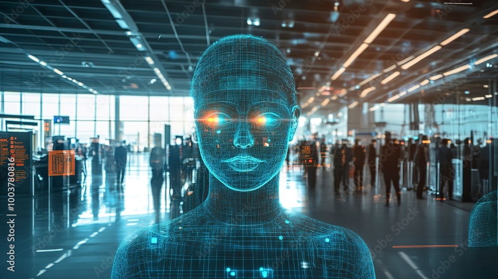 Poster passenger at airport security checkpoint with advanced facial recognition technology screen display