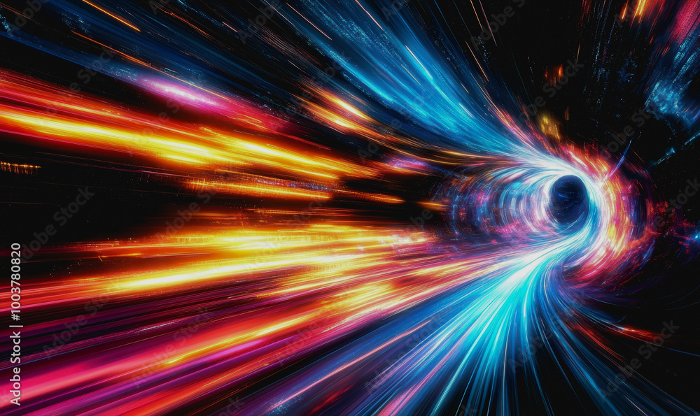 Poster neon cosmic portal with advanced tech circuitry in deep space