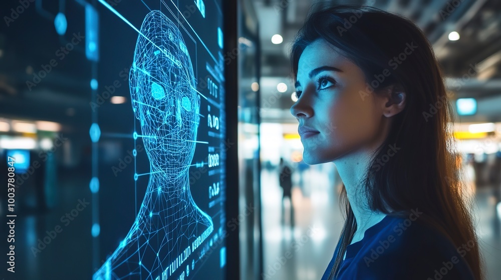 Poster passenger at airport security checkpoint with advanced facial recognition technology screen display