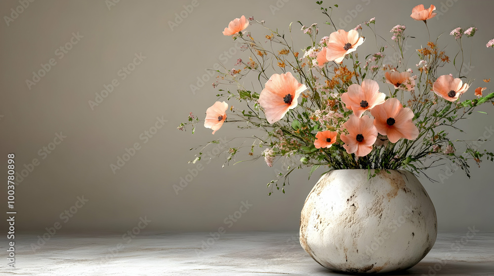 Poster Peach Flowers Blooming in a Rustic Vase