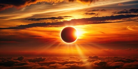 astronomical event, astrological moment, evening,solar eclipse, A stunning photograph capturing a solar eclipse against a clear red orange sky during sunset in the evening