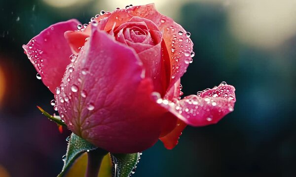 Close-up of a pink rose bud covered in dew drops.