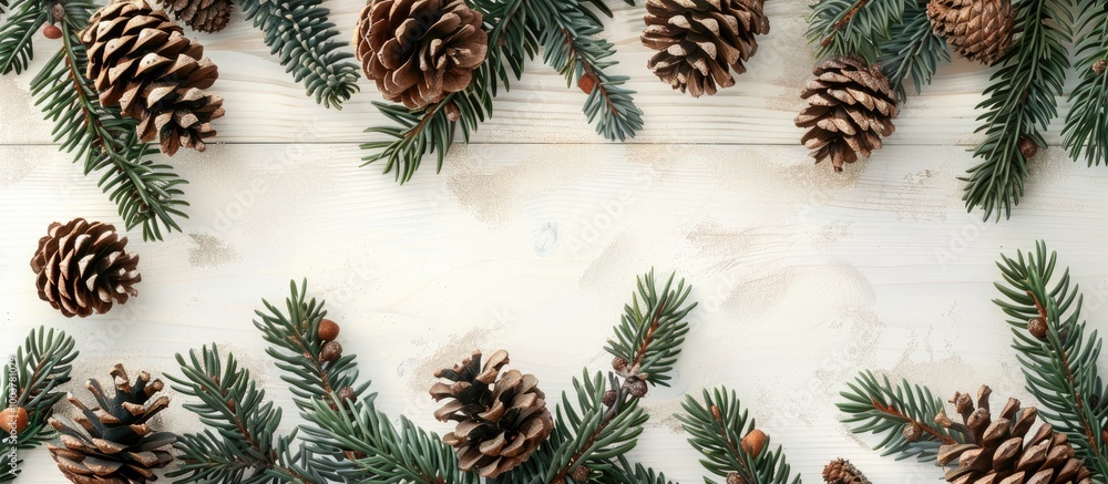 Poster christmas and new year s arrangement featuring pine cones and spruce branches set against a white wo