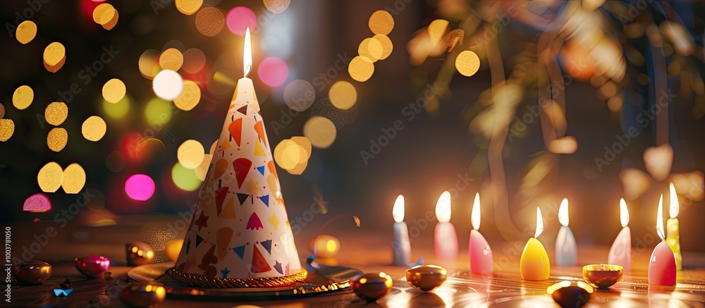 Poster party hat and candles on a bright background. copy space image. place for adding text and design