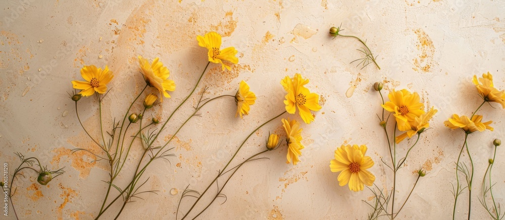 Poster top down view of yellow flowers on a beige surface for a flat lay composition with ample copy space 