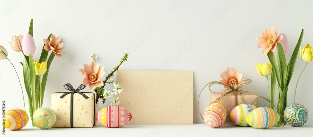 Poster easter gifts alongside a greeting card isolated on white. copy space image. place for adding text an