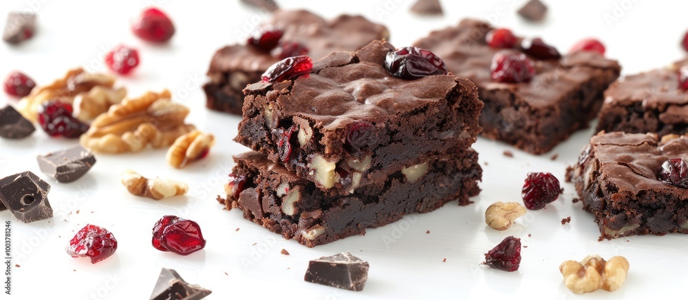 Poster homemade chocolate brownies with dried cranberries and walnuts on a white background. copy space ima