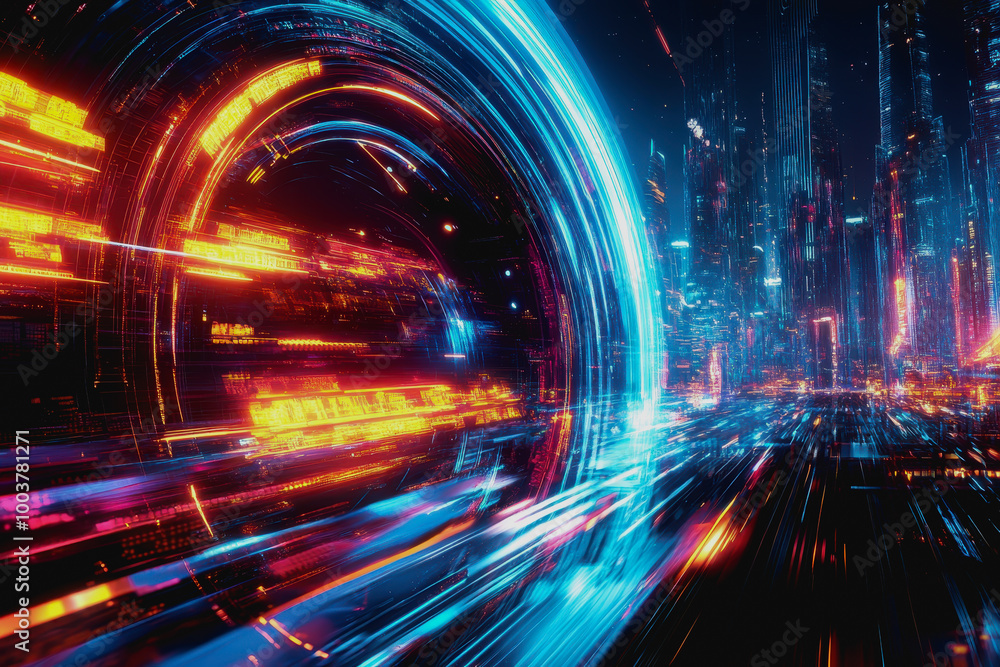 Aufkleber neon cosmic portal with advanced tech circuitry in deep space