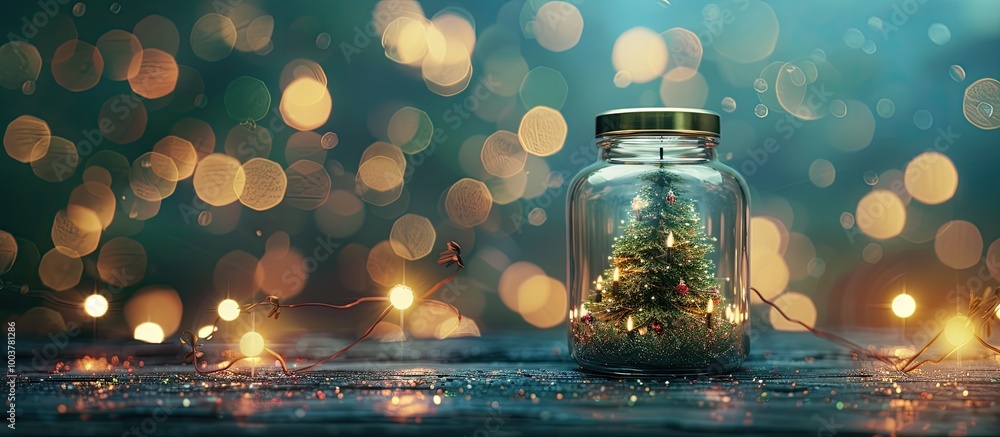 Poster close up of an elegant christmas tree inside a glass jar with a bokeh lights background copy space c