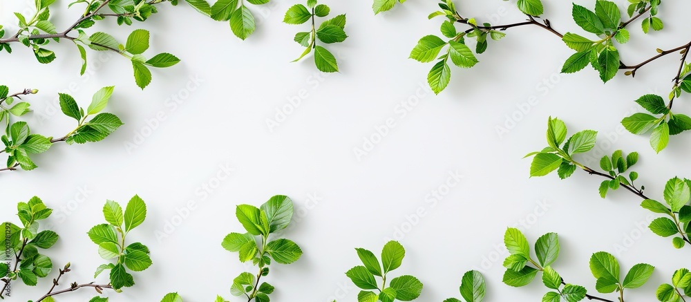Poster frame made from young spring shoots of an elm tree against a white background top view flat lay spac