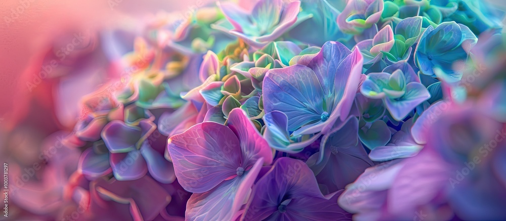 Poster close up macro of light green to purple hydrangea flower. copy space image. place for adding text an