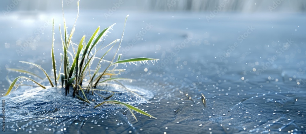 Poster grass in the ice on the lake. copy space image. place for adding text and design
