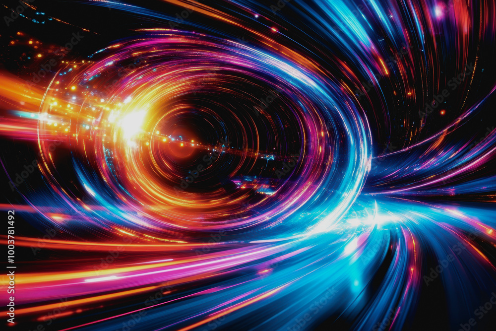 Poster neon cosmic portal with advanced tech circuitry in deep space