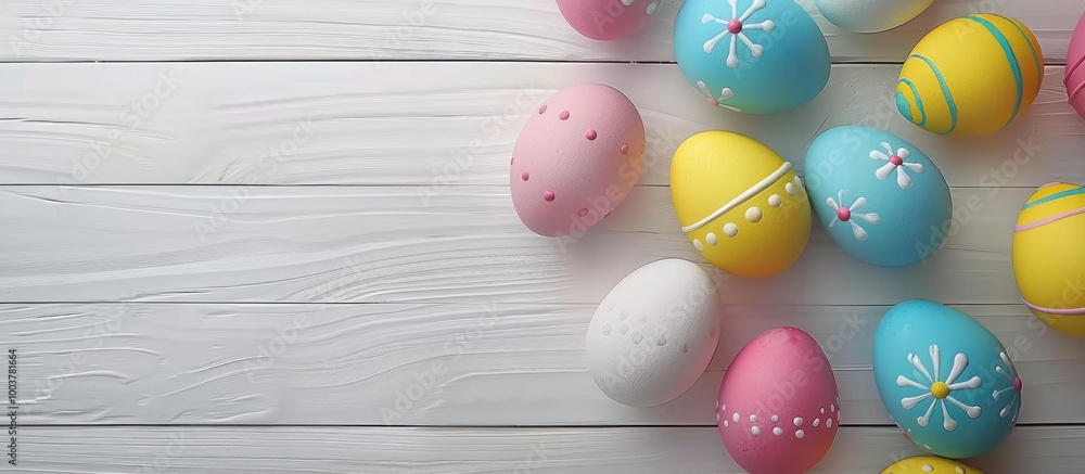 Aufkleber colored easter eggs on a white wooden background. copy space image. place for adding text and design